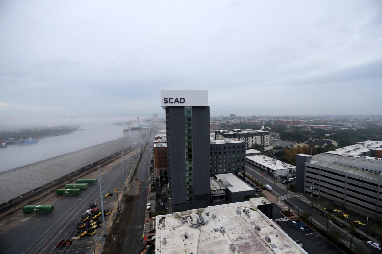 The Savannah College of Art and Design's newest building, which is located nest to the Talmadge Bridge, towers over the buildings surrounding it.