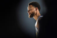 Golden State Warriors guard Stephen Curry poses for a photograph during an NBA basketball media day in San Francisco, Sunday, Sept. 25, 2022. (AP Photo/Godofredo A. Vásquez)