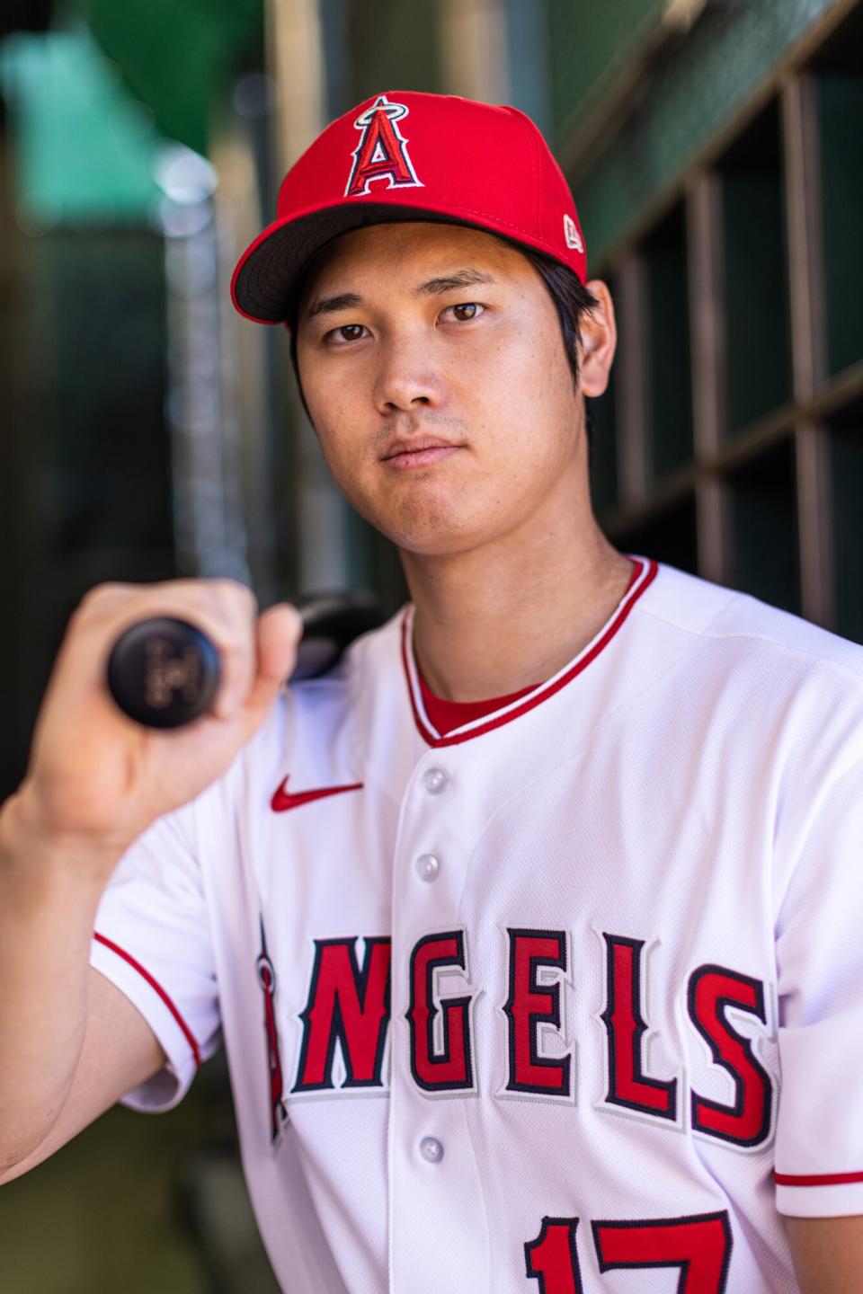 Shohei Ohtani #17 of the Los Angeles Angels poses for a photo during the Los Angeles Angels Photo Day at Tempe Diablo Stadium on Wednesday, March 16, 2022 in Tempe, Arizona.