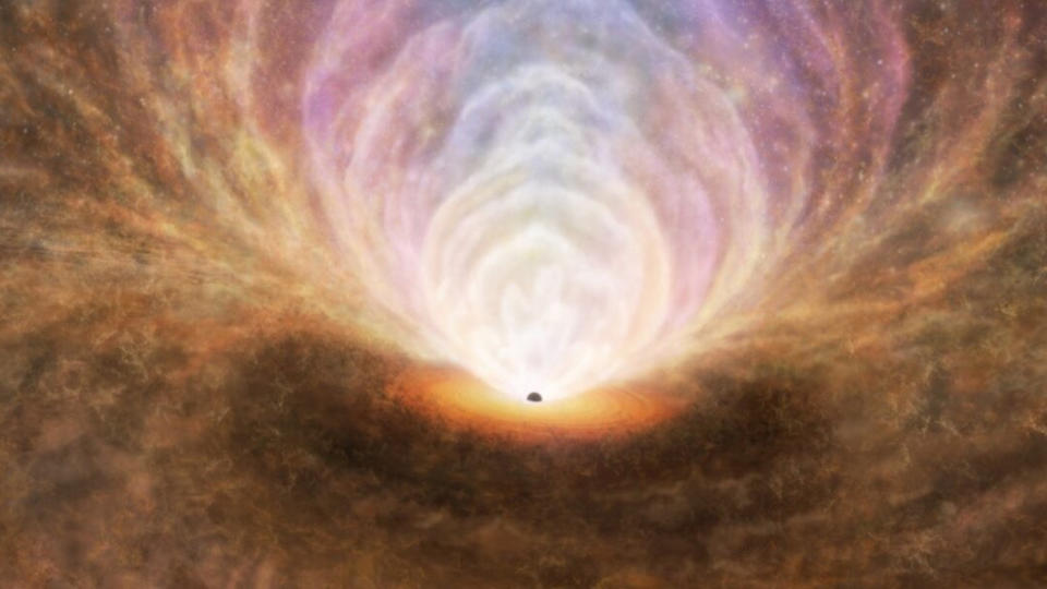 An illustration of a supermassive black hole impacted the distribution of the interstellar medium. a black circle a the center radiates gas all around.