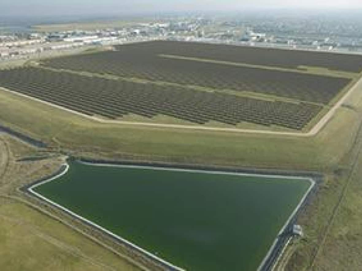 A conceptual drawing of ATCO's solar park along Barlow Trail and 114th Avenue S.E. The company has a long-term lease with property owner Viterra Inc. for a 27-MW, 1,500 solar panel development. (DP Energy - image credit)