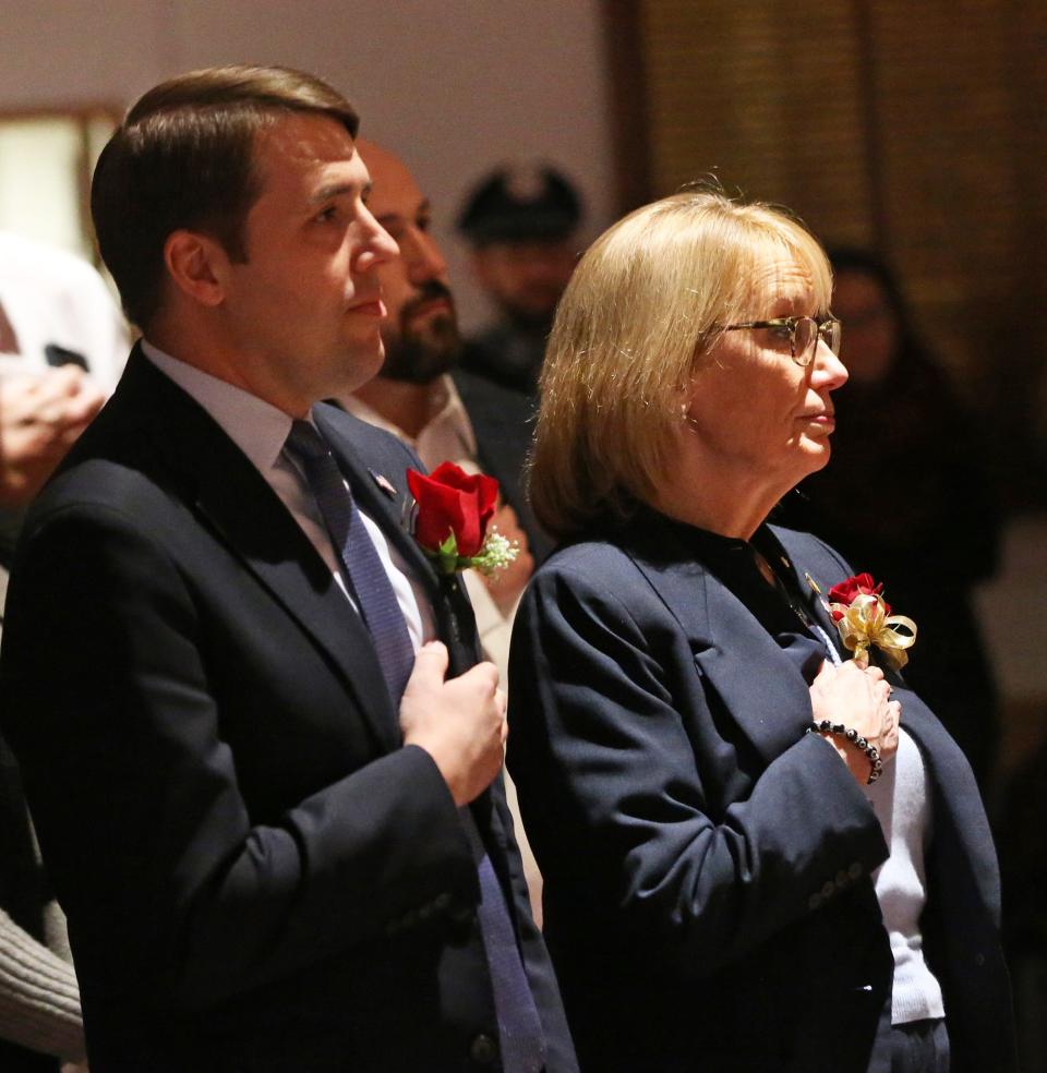 Rep. Chris Pappas, D-New Hampshire, and Sen. Maggie Hassan, D-New Hampshire, attend Portsmouth's inauguration and swearing-in ceremony at City Hall Tuesday, Jan. 2, 2024.