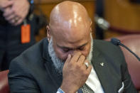 Steven Lopez reacts in court during a hearing, Monday, July 25, 2022, in New York. Lopez, a co-defendant of the so-called Central Park Five, whose convictions in a notorious 1989 rape of a jogger were thrown out more than a decade later, had his conviction on a related charge overturned Monday. (Steven Hirsch/New York Post via AP, Pool)