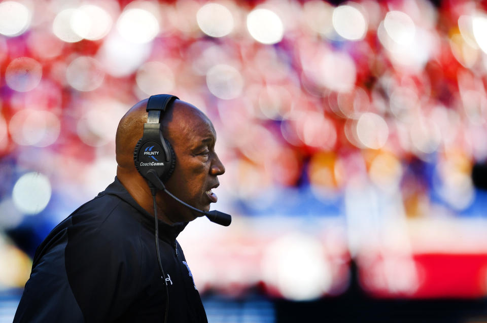 Hampton head coach Robert Prunty during the first half of an NCAA college football game, against Grambling State. Saturday, Sept. 2, 2023, in Harrison, N.J. (AP Photo/Noah K. Murray)