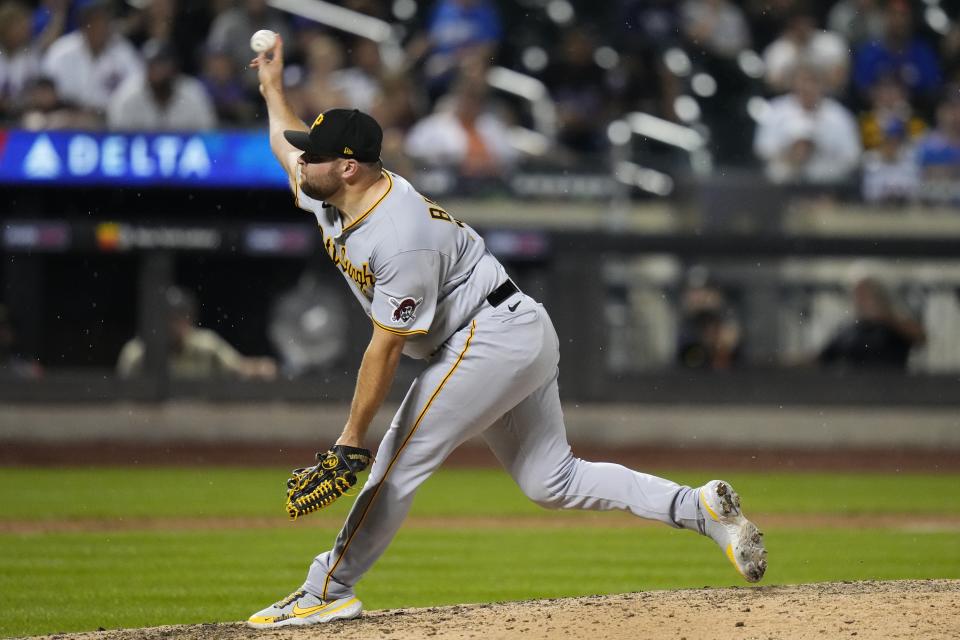 Pittsburgh Pirates' David Bednar pitches during the ninth inning of the team's baseball game against the New York Mets on Tuesday, Aug. 15, 2023, in New York. The Pirates won 7-4. (AP Photo/Frank Franklin II)