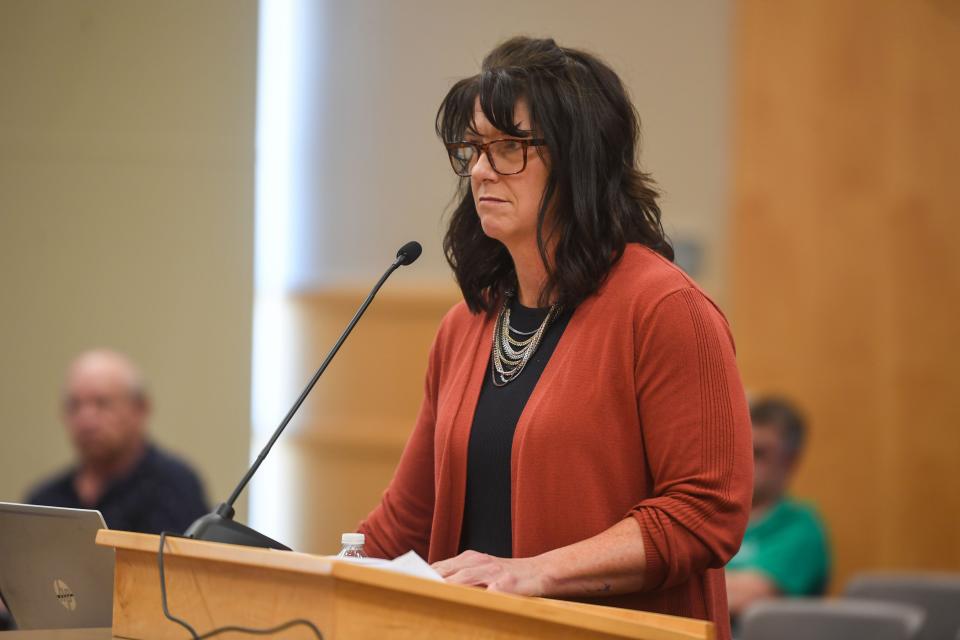 Becky Dorman, human resources director for the Sioux Falls School District, speaks during a school board meeting Monday, Aug. 14, 2023.