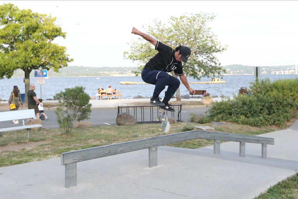 Skateboarders work out at the Skate Park at Memorial Park in Nyack on Friday, August 19, 2022.