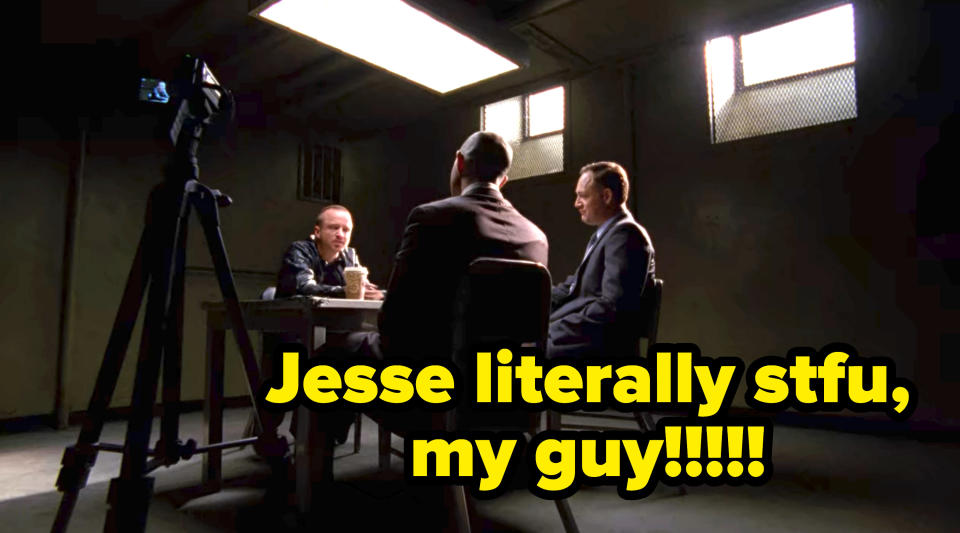 Jesse is in a basement interrogation room with two federal agents, and the caption says "Jesse literally shut the eff up, my guy"