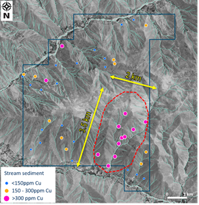 Map of the Auquis copper project, showing historical copper geochemistry results for sediment sampling, which defines a target area approx. 3.5km by 2.0km in area.