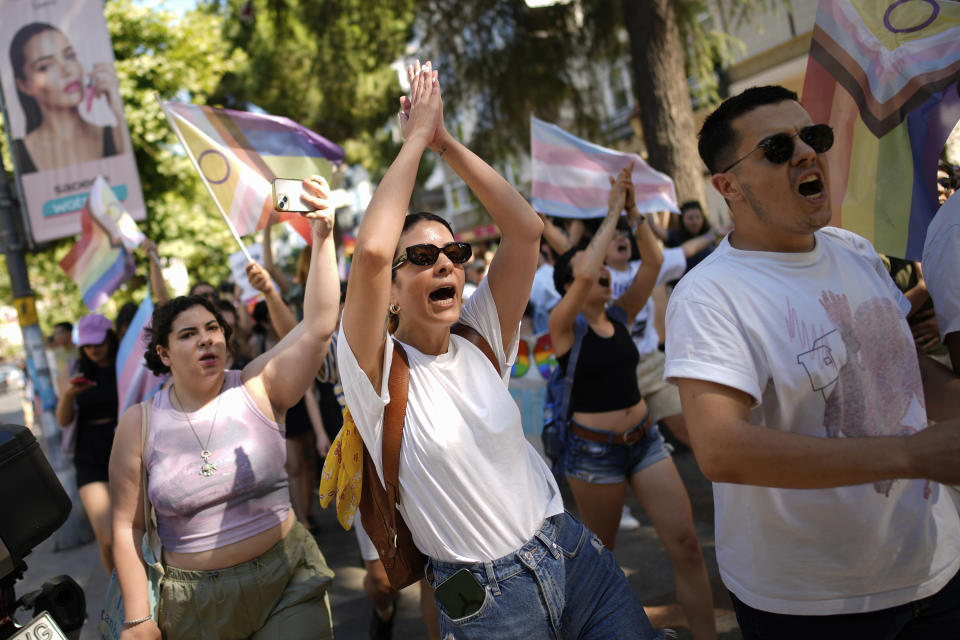 People shout slogans during the annual LGBTQ+ Pride March in Istanbul, Turkey, Sunday, June 30, 2024. (AP Photo/Emrah Gurel)