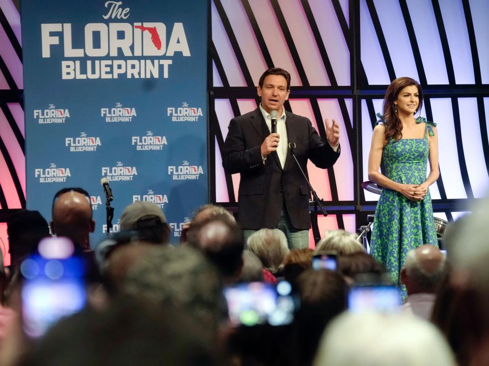 Gov. Ron DeSantis, R-Fla., left, stands with his wife, Casey DeSantis, as he speaks on April 19, 2023, in Spartanburg, S.C.