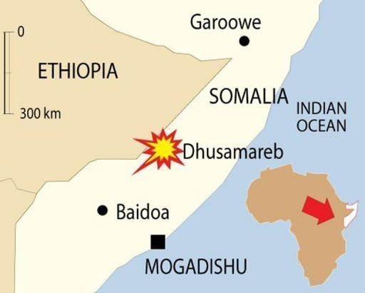 Map locating the Somali town of Dhusamareb where a suicide bomber has killed at least eight people including two lawmakers