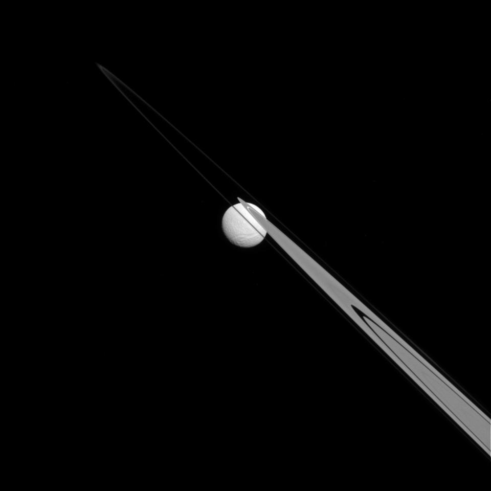 Saturn's moon <a href="http://www.jpl.nasa.gov/spaceimages/details.php?id=PIA18284" target="_blank">Tethys</a> captured by the Cassini spacecraft's narrow-angle camera on July 14.