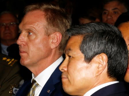 Acting U.S. Defense Minister Patrick Shanahan and South Korean National Defense Minister Jeong Kyeong-doo are seen at the IISS Shangri-la Dialogue in Singapore