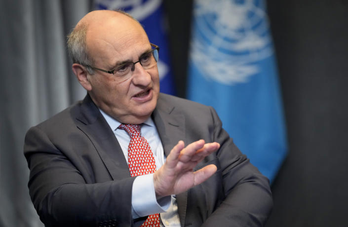 FILE - Antonio Vitorino, Director General of the International Organisation for Migration, speaks to The Associated Press in Nairobi, Kenya, Tuesday, Feb. 14, 2023. International Organization for Migration chief Antonio Vitorino of Portugal faces what is poised to be a tight race against his Biden administration-backed American deputy, Amy Pope, as the Geneva-based organization chooses a new director-general on Monday, May 15, 2023. (AP Photo/Khalil Senosi, File)
