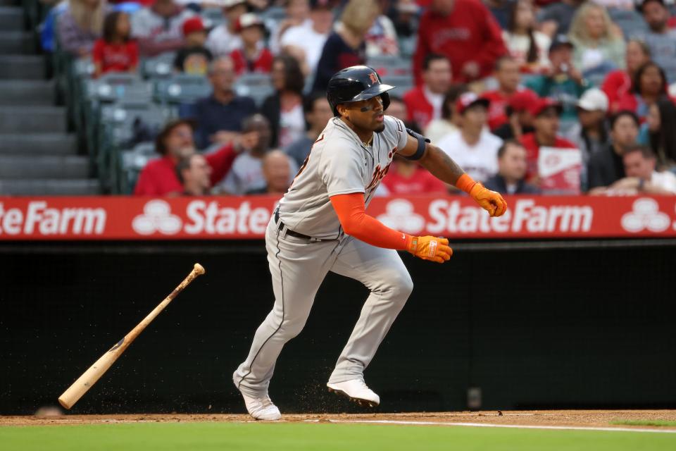 Detroit Tigers left fielder Andy Ibanez (77) hits a single during the first inning against the Los Angeles Angels at Angel Stadium in Anaheim, California on Saturday, Sept. 16, 2023.
