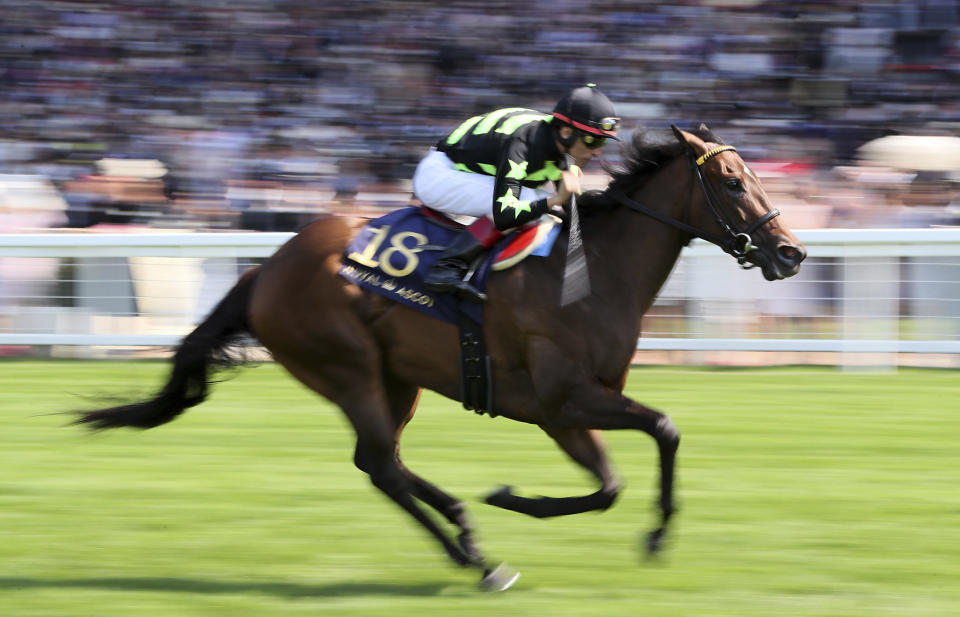 Lady Aurelia ridden by jockey John Velazquez on his way to winning the King’s Stand Stakes at Royal Ascot last year. (John Walton/PA via AP)