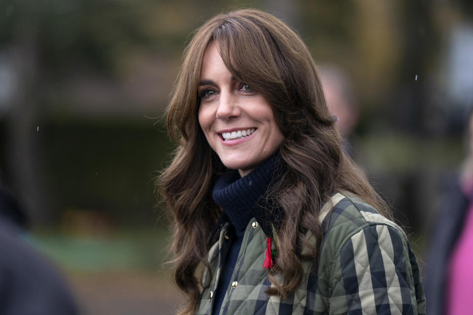 MORAY, SCOTLAND - NOVEMBER 02: Catherine, Princess of Wales, known as the Duchess of Rothesay when in Scotland, meets farmers at Brodieshill Farm, Moray, Scotland, to learn about efforts being made to better support the mental health and wellbeing of young people on November 02, 2023 in Moray, Scotland. Prince William, Duke of Rothesay and Catherine, Duchess of Rothesay are visiting Scotland to meet organisations supporting rural communities and those working provide mental health support to young people through access to the outdoors and practical learning. (Photo by Jane Barlow - WPA Pool/Getty Images)