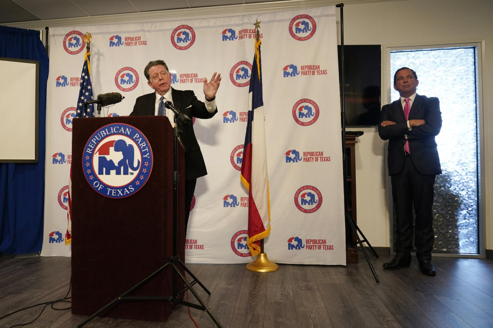 Dan Cordell, left, and Tony Buzbee, right, attorneys for impeached Texas Attorney General Ken Paxton, hold a news conference at the Republican Party of Texas headquarters in Austin, Texas, Wednesday, June 7, 2023. (AP Photo/Eric Gay)