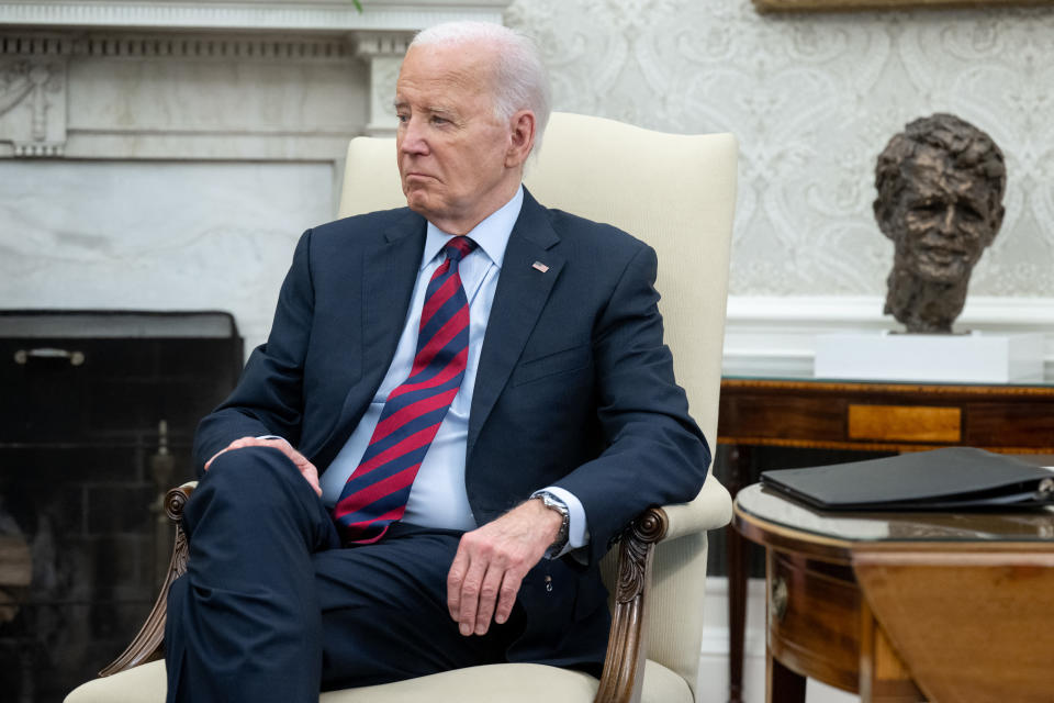 US President Joe Biden looks on during a bilateral meeting with Secretary General Jens Stoltenberg of NATO in the Oval Office of the White House in Washington, DC, June 17, 2024. (Photo by SAUL LOEB / AFP) (Photo by SAUL LOEB/AFP via Getty Images)