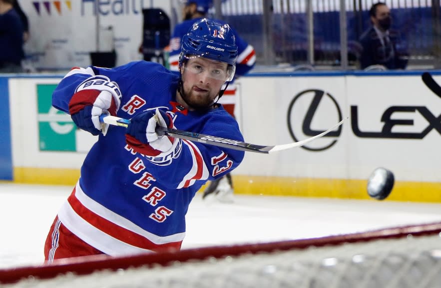 Jan 14, 2021; New York, NY, USA; New York Rangers left wing Alexis Lafreniere warms up before the game against the New York Islanders at Madison Square Garden.