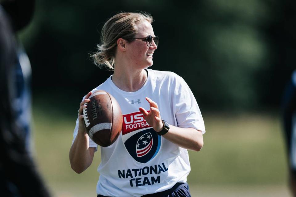 Charlotte resident Mary Kate Bula makes a throw at a USA Football practice at UNC Charlotte in Charlotte, N.C., on May 30.