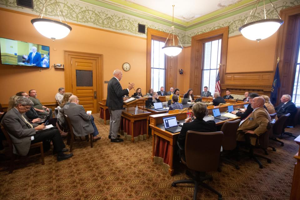 Rep. Les Mason, R-McPherson, gives testimony at Tuesday's House Elections Committee.