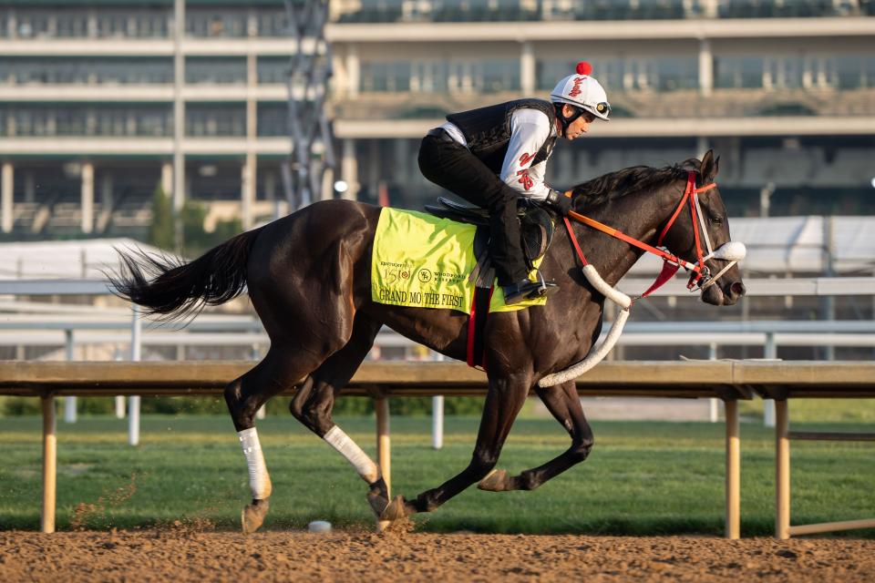 Kentucky Derby contender Grand Mo the First gallops around the track on Thursday, May 2, 2024 at Churchill Downs. Grand Mo the First is trained by Victor Barboza Jr.