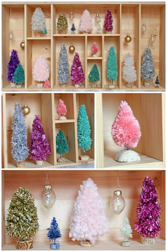 Handmade Bottle Brush Trees with Yarn, Twine, Garland, & Rope