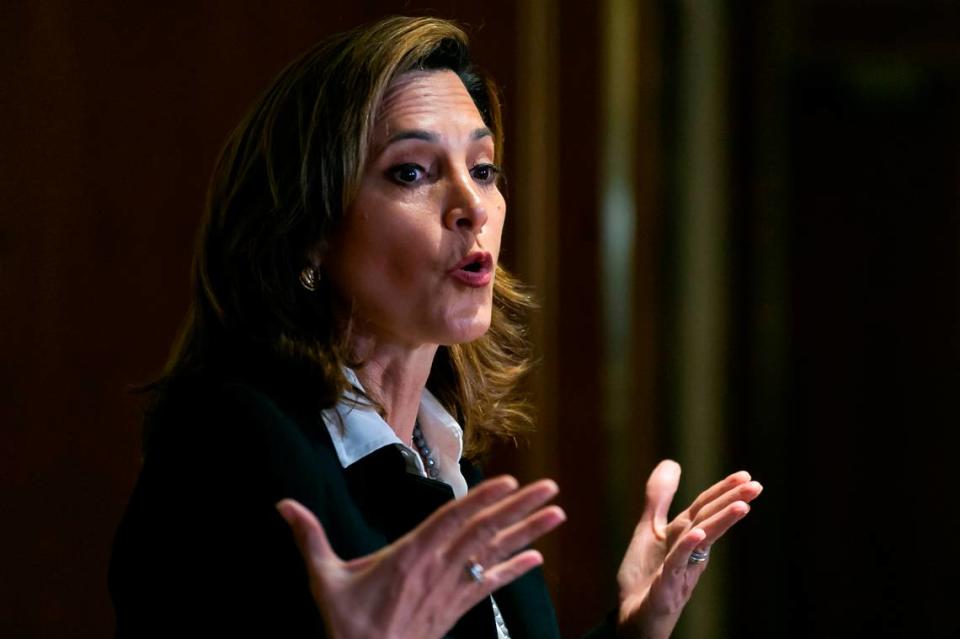 Republican U.S. Rep. María Elvira Salazar speaks during a press conference at Miami International Airport on April 19, 2021.