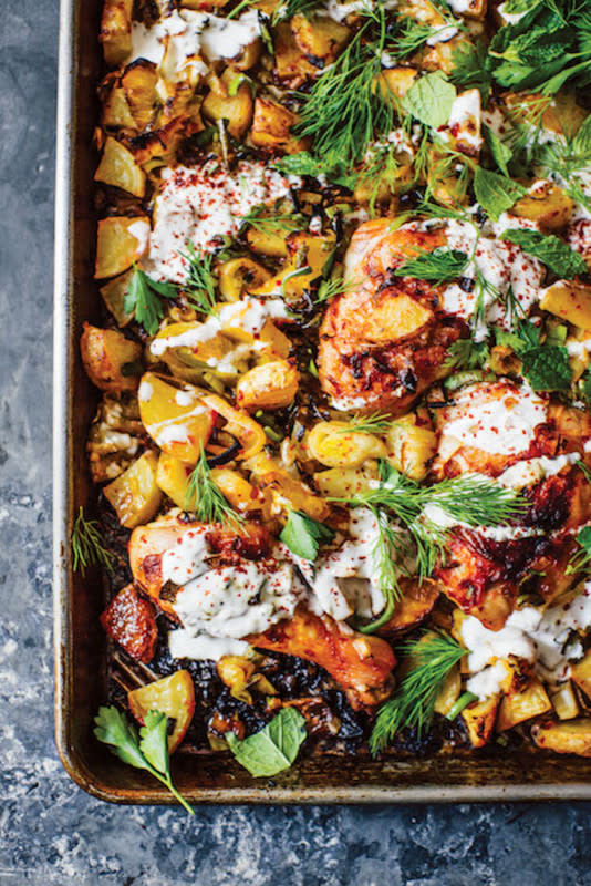 <p>Sheet Pan BBQ Chicken Thighs With Sweet Potato Bake</p><p>This recipe, from New York Times columnist Melissa Clark’s new cookbook, <em>Dinner: Changing the Game</em> (Clarkson Potter), elevates the chicken-and-potatoes standby with spicy harissa and a drizzle of cool yogurt.</p><p><strong>Get the recipe: <a href="/842111/alisonashton/harissa-chicken-with-leeks-potatoes-and-yogurt/" data-ylk="slk:Harissa Chicken with Leeks, Potatoes and Yogurt;elm:context_link;itc:0;sec:content-canvas" class="link ">Harissa Chicken with Leeks, Potatoes and Yogurt</a></strong></p>