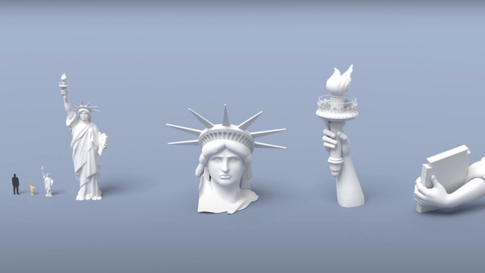 A visualization of the Statue of Liberty, both in real-size pieces, and miniaturized sculptures.