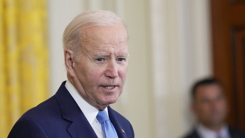 President Joe Biden speaks during a news conference with British Prime Minister Rishi Sunak in the East Room of the White House in Washington, Thursday, June 8, 2023. A survey of Utah voters shows most don’t think Biden should seek reeleation.