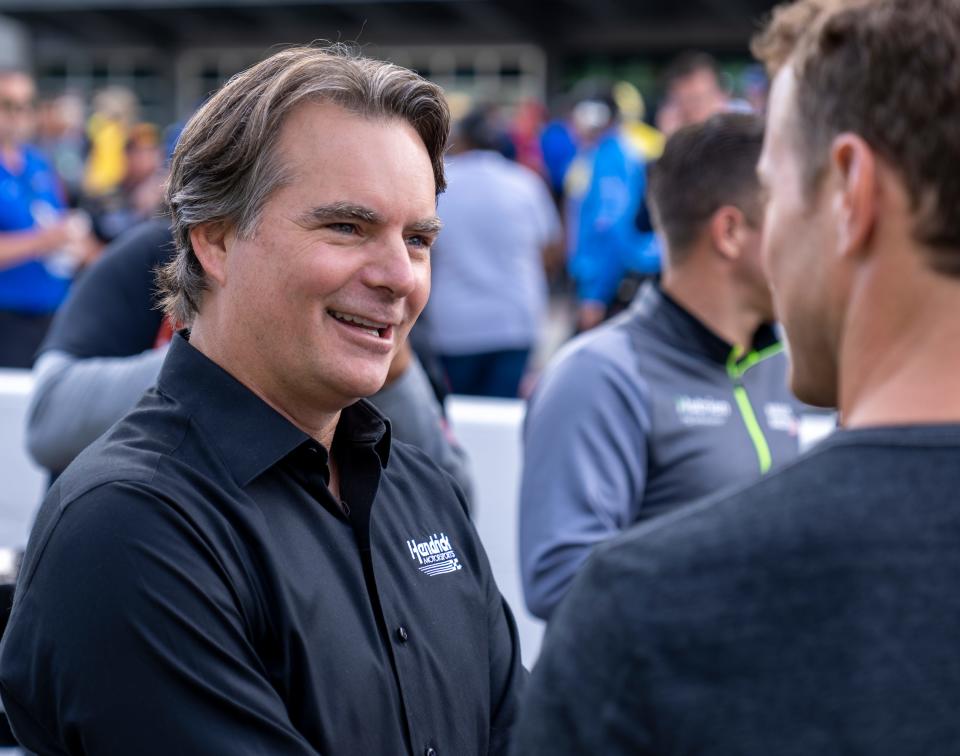 Jeff Gordon, a past winner of the Brickyard 400, at the Indianapolis Motor Speedway, Saturday, July 30, 2022, during an event to honor past IndyCar and NASCAR winners at this track. 