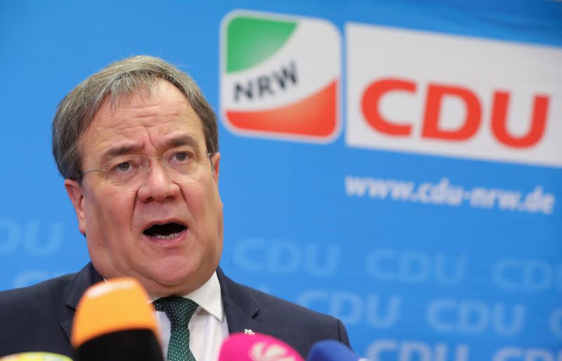 FILE PHOTO: Laschet, North-Rhine Westphalian (NRW) federal state premier and chairman of the CDU in NRW addresses the media in his hometown Aachen