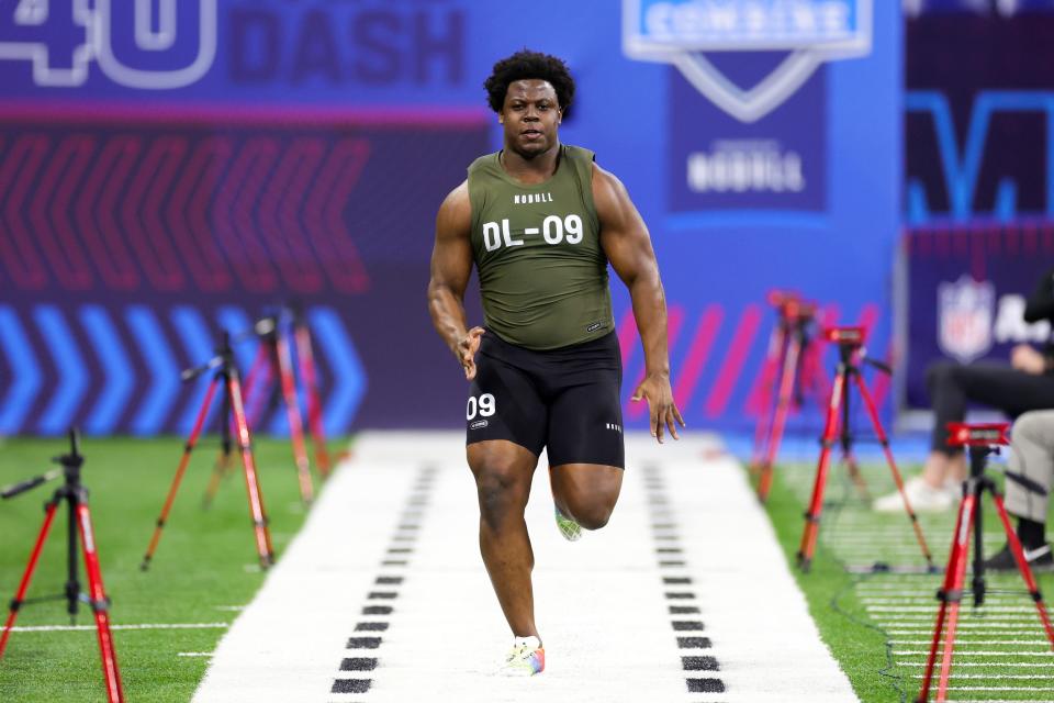 Defensive lineman Calijah Kancey of Pittsburgh participates in the 40-yard dash during the NFL Combine at Lucas Oil Stadium on March 02, 2023 in Indianapolis, Indiana.