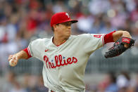 Philadelphia Phillies starting pitcher Kyle Gibson delivers in the first inning of a baseball game against the Atlanta Braves, Tuesday, May 24, 2022, in Atlanta. (AP Photo/Todd Kirkland)