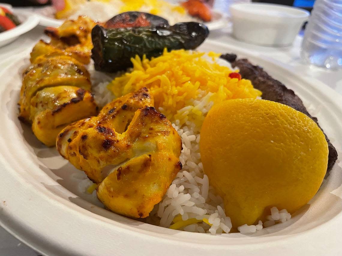 Essy’s Kabob’s joojeh sultani includes chicken and ground beef kebabs.