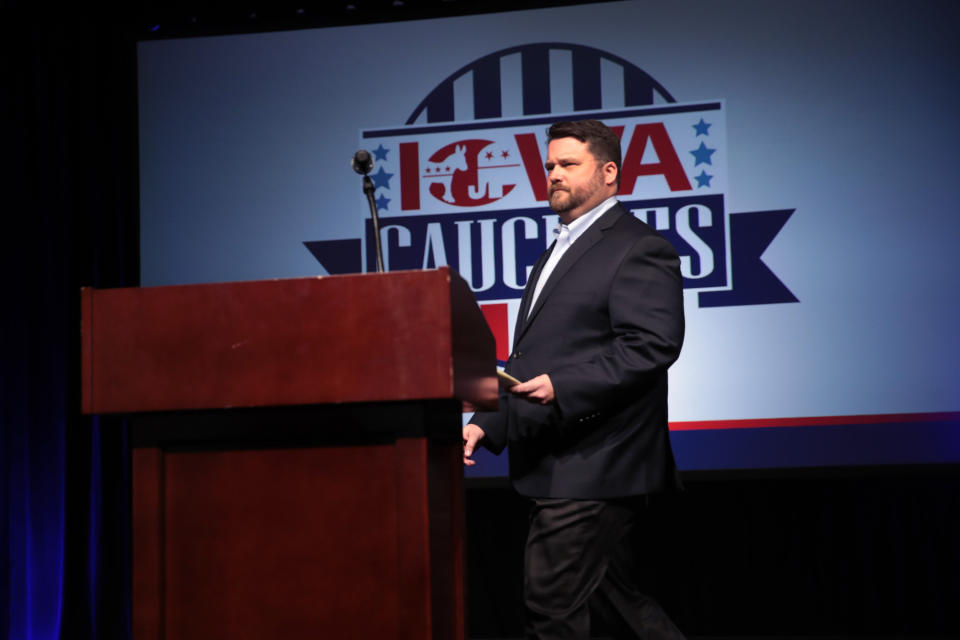 Iowa Democratic Party Chairman Troy Price addresses reporters in Des Moines on Tuesday. He is under pressure to account for the party's failure to report results Monday night. (Photo: Scott Olson/Getty Images)