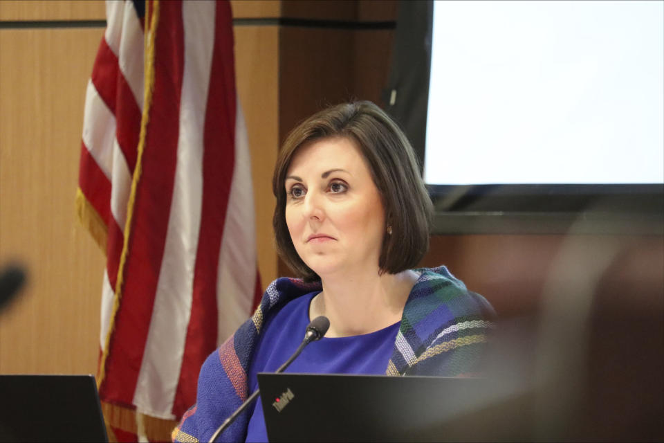 Republican South Carolina Superintendent of Education Ellen Weaver oversees a State Board of Education meeting on Tuesday, Nov. 14, 2023, in Columbia, S.C. The body is converging on a universal definition of "age appropriate" educational materials in South Carolina schools and libraries. (AP Photo/James Pollard)