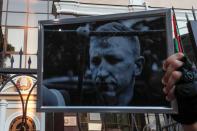 A rally to commemorate Vitaly Shishov, a Belarusian activist living in exile who was found hanged in a park near his home, in Kyiv