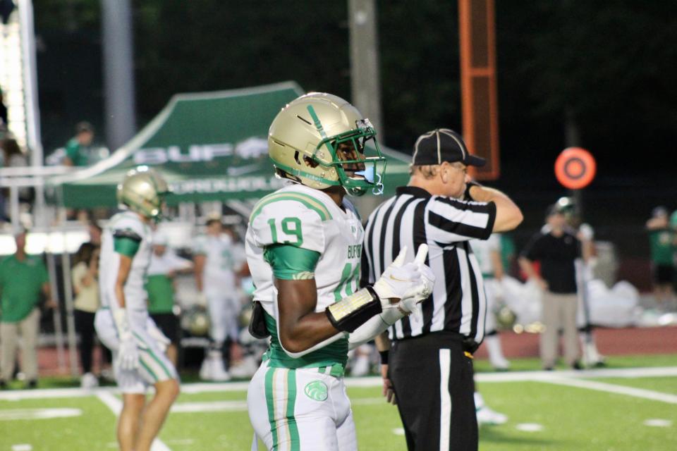 2024 Buford ATH KJ Bolden awaits a play during a game against Clarke Central on Aug. 27, 2021 in Athens, Georgia.