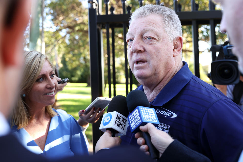 Seen here, Canterbury Bulldogs General Manager of Football Phil Gould speaking to the media after confirming Trent Barrett's departure as head coach. 