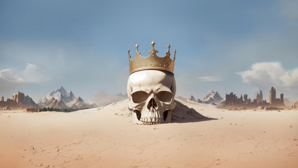  A skull wearing a crown accumulates sand in a desert, ruined cities in the background. 