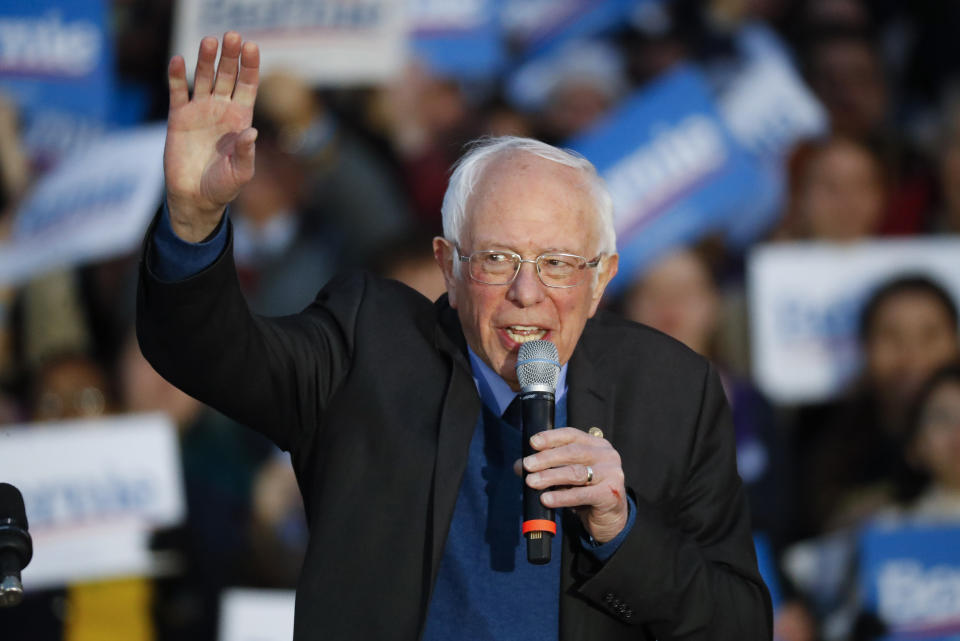 Democratic presidential candidate U.S. Sen. Bernie Sanders, I-Vt., speaks during a campaign rally at the University of Michigan in Ann Arbor, Mich., Sunday, March 8, 2020. (AP Photo/Paul Sancya)