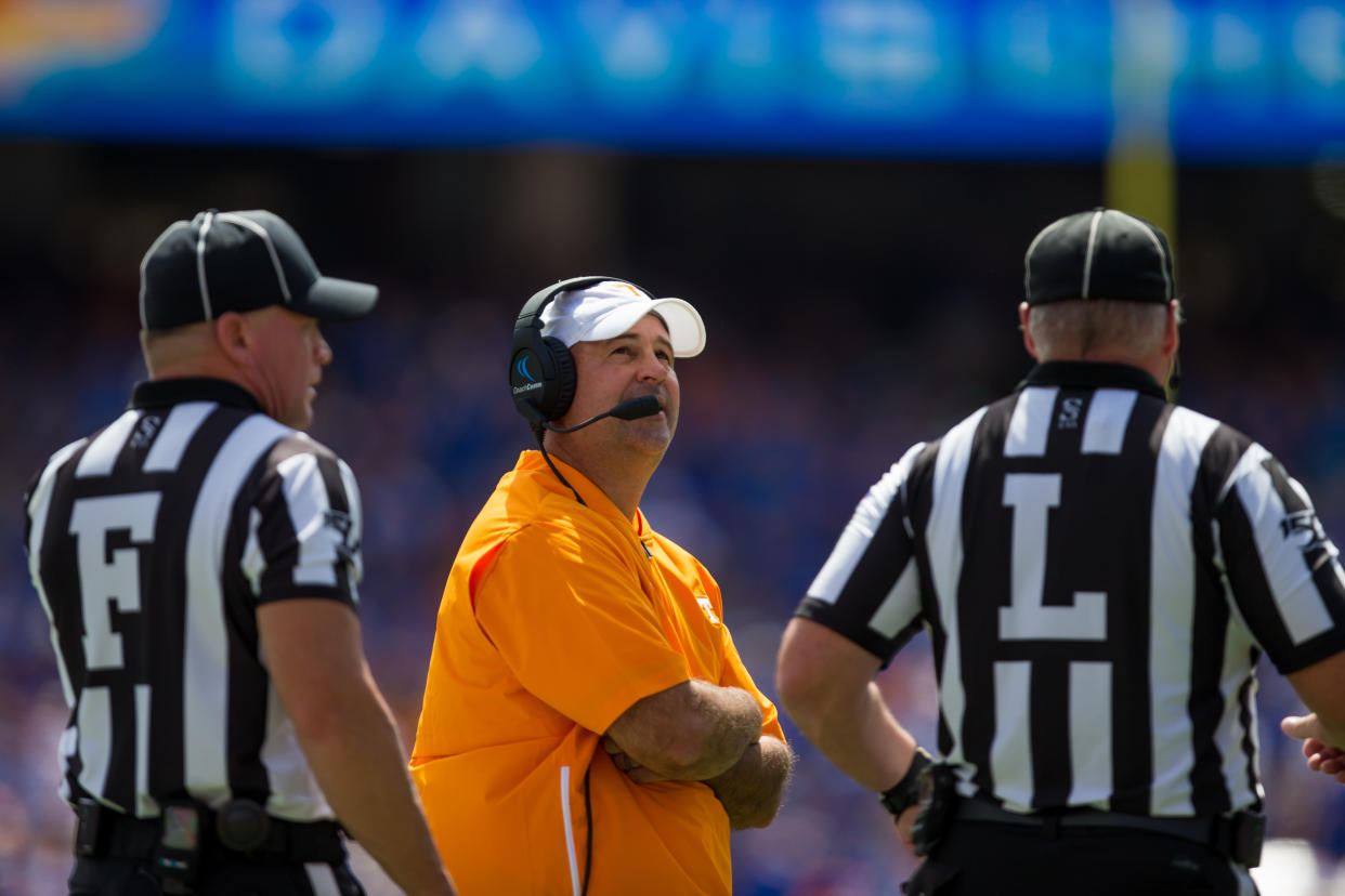 GAINESVILLE, FL - SEPTEMBER 21: University of Tennessee head coach Jeremy Pruitt talks with officials during an NCAA Division I football game between the University of Tennessee Volunteers and the University of Florida Gators on September 21, 2019, at Ben Hill Griffin Stadium in Gainesville, FL. (Photo by Mary Holt/Icon Sportswire via Getty Images)