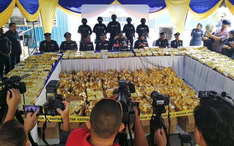 FILE PHOTO: Malaysian Customs display 1,187kg of drugs seized during a news conference in Nilai