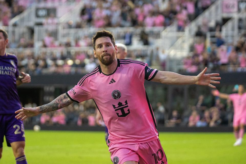 Inter Miami's Argentine forward #10 Lionel Messi celebrates after scoring his second goal during the MLS football match between Orlando City and Inter Miami FC at Chase Stadium in Fort Lauderdale, Florida, on March 2, 2024.