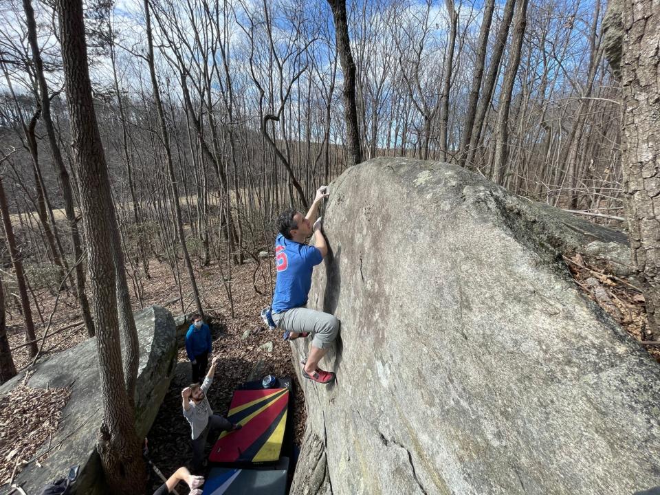 Bouldering at the Maibauer Boulders. Ancestral Lands of Keyauwee, Cheraw, Catawba, and Yesan (Tutelo).