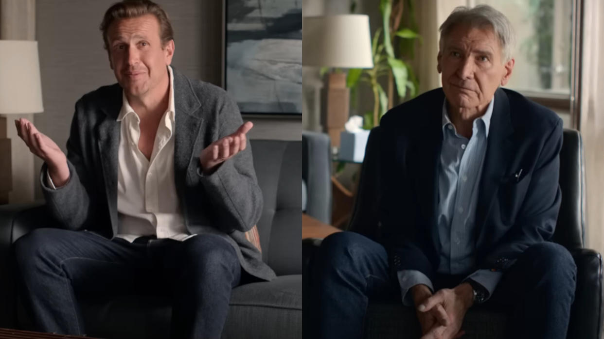  Jason Segal and Harrison Ford having an office conversation in Shrinking, pictured side by side. 